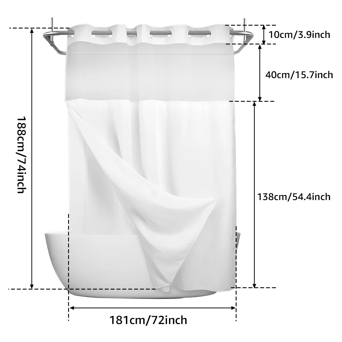 Double Layer Shower Curtain with Snap In Liner Waterproof Hookless Bathroom Curtain