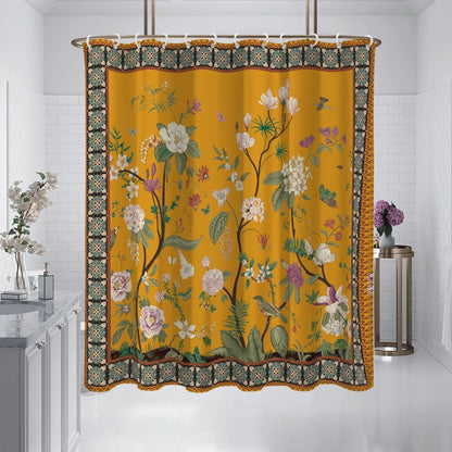 Retro Floral Shower Curtain Yellow Bathroom Curtain Waterproof Mildew Resistant