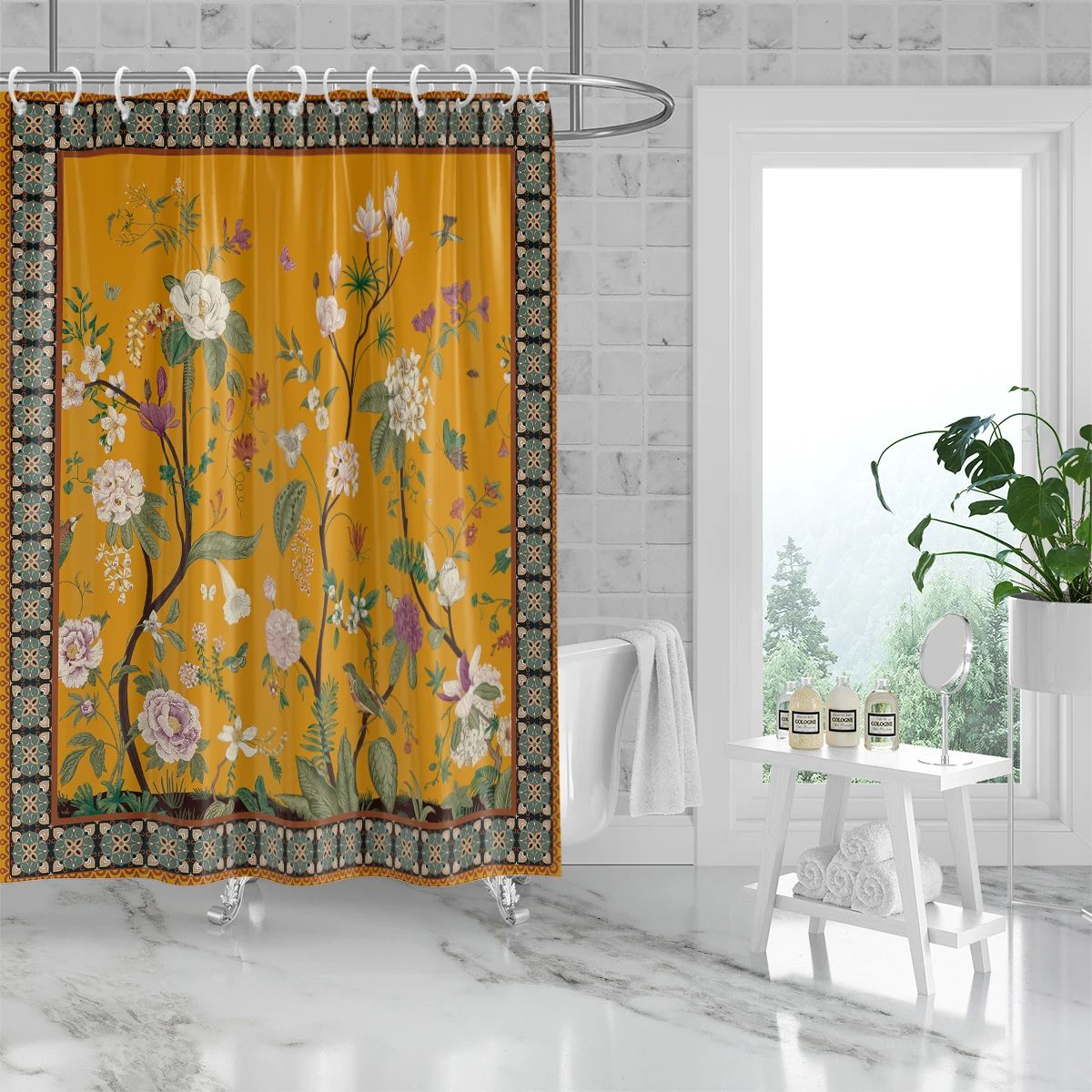 Retro Floral Shower Curtain Yellow Bathroom Curtain Waterproof Mildew Resistant