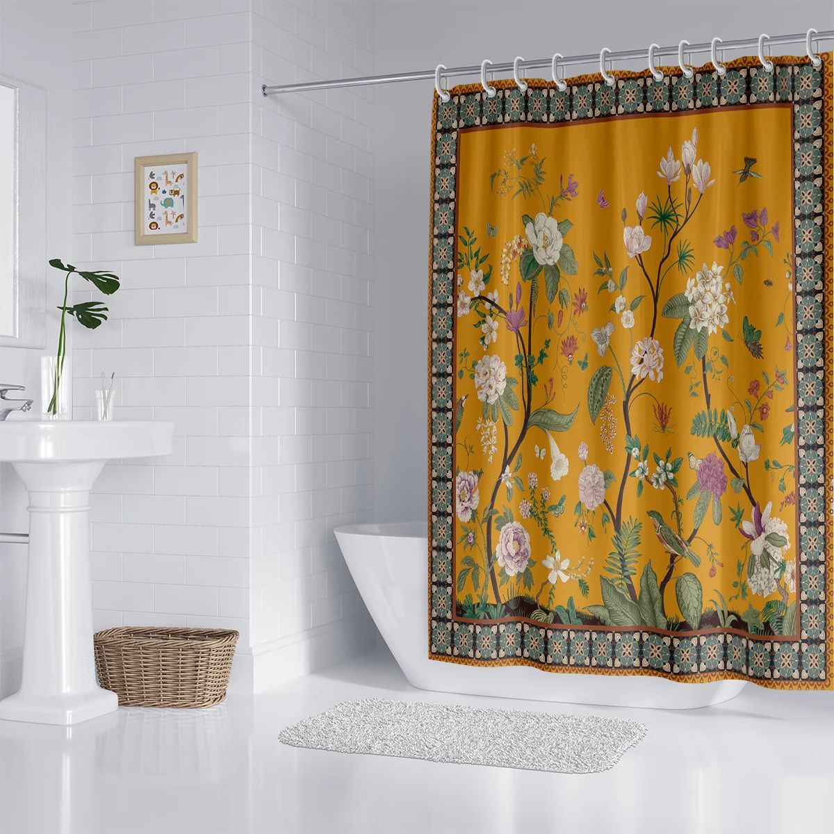 Retro Floral Shower Curtain Yellow Bathroom Curtain Waterproof Mildew Resistant