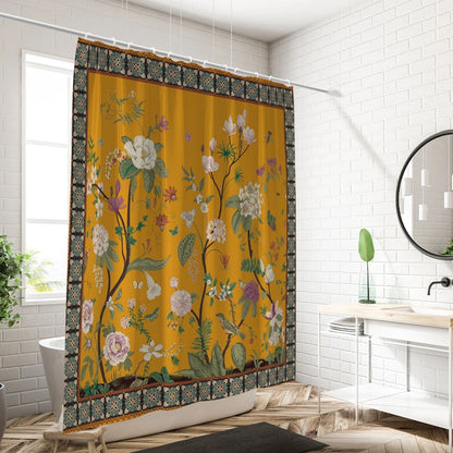 Retro Floral Shower Curtain Yellow Bathroom Curtain Waterproof Mildew Resistant