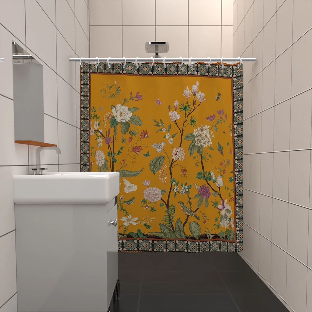 Retro Floral Shower Curtain Yellow Bathroom Curtain Waterproof Mildew Resistant