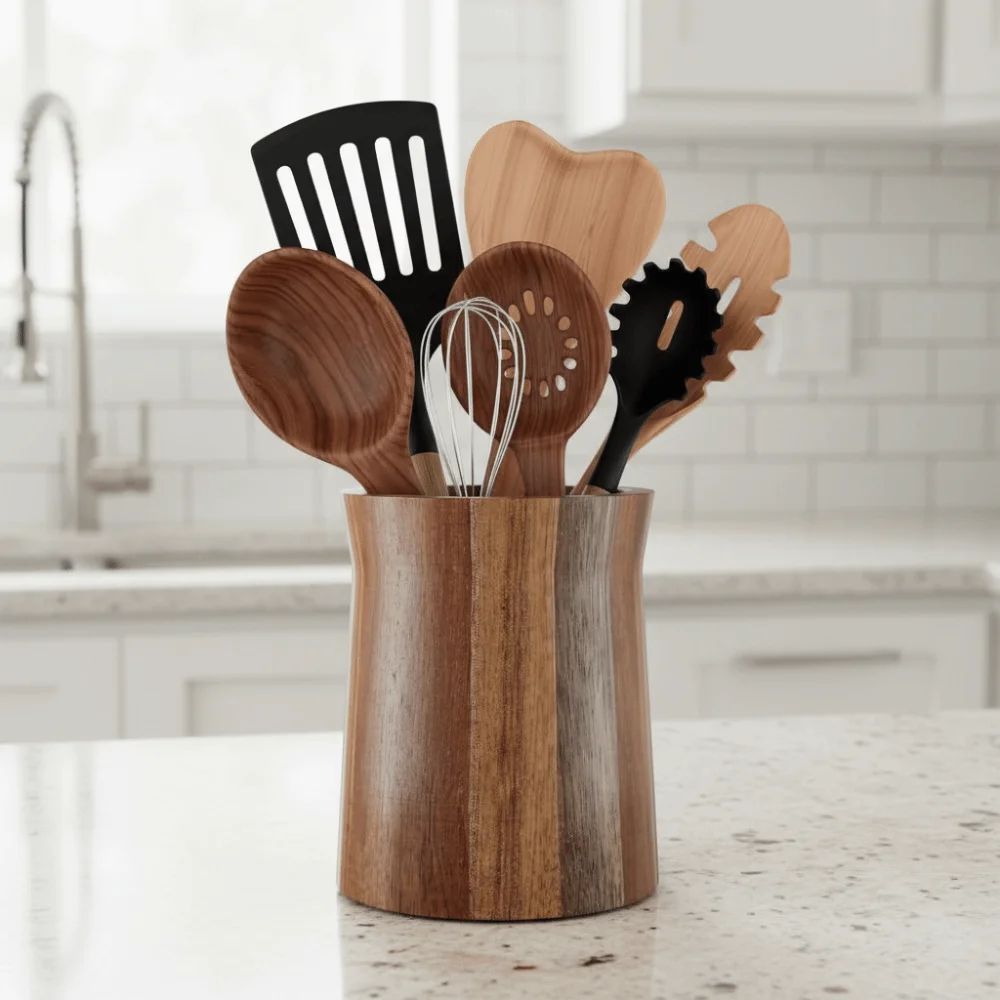 360° Rotating Wooden Utensil Organizer – Farmhouse Trapezoid Cutlery & Chopstick Holder Rack