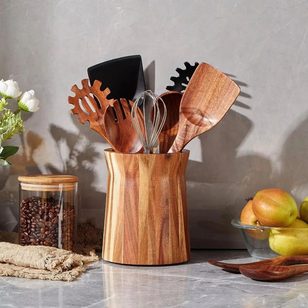 360° Rotating Wooden Utensil Organizer – Farmhouse Trapezoid Cutlery & Chopstick Holder Rack