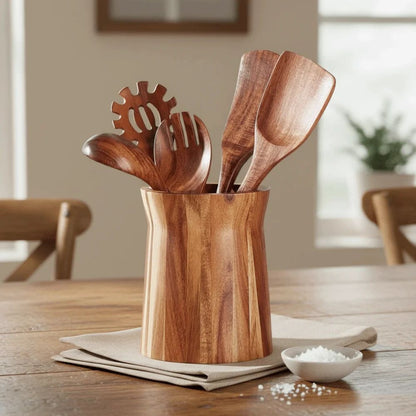 360° Rotating Wooden Utensil Organizer – Farmhouse Trapezoid Cutlery & Chopstick Holder Rack