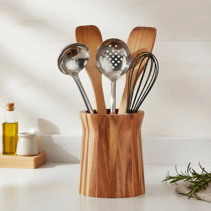 360° Rotating Wooden Utensil Organizer – Farmhouse Trapezoid Cutlery & Chopstick Holder Rack