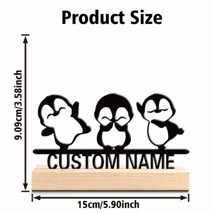 Cute Penguin Metal Sculpture Decor with Wooden Base Animal Figurine