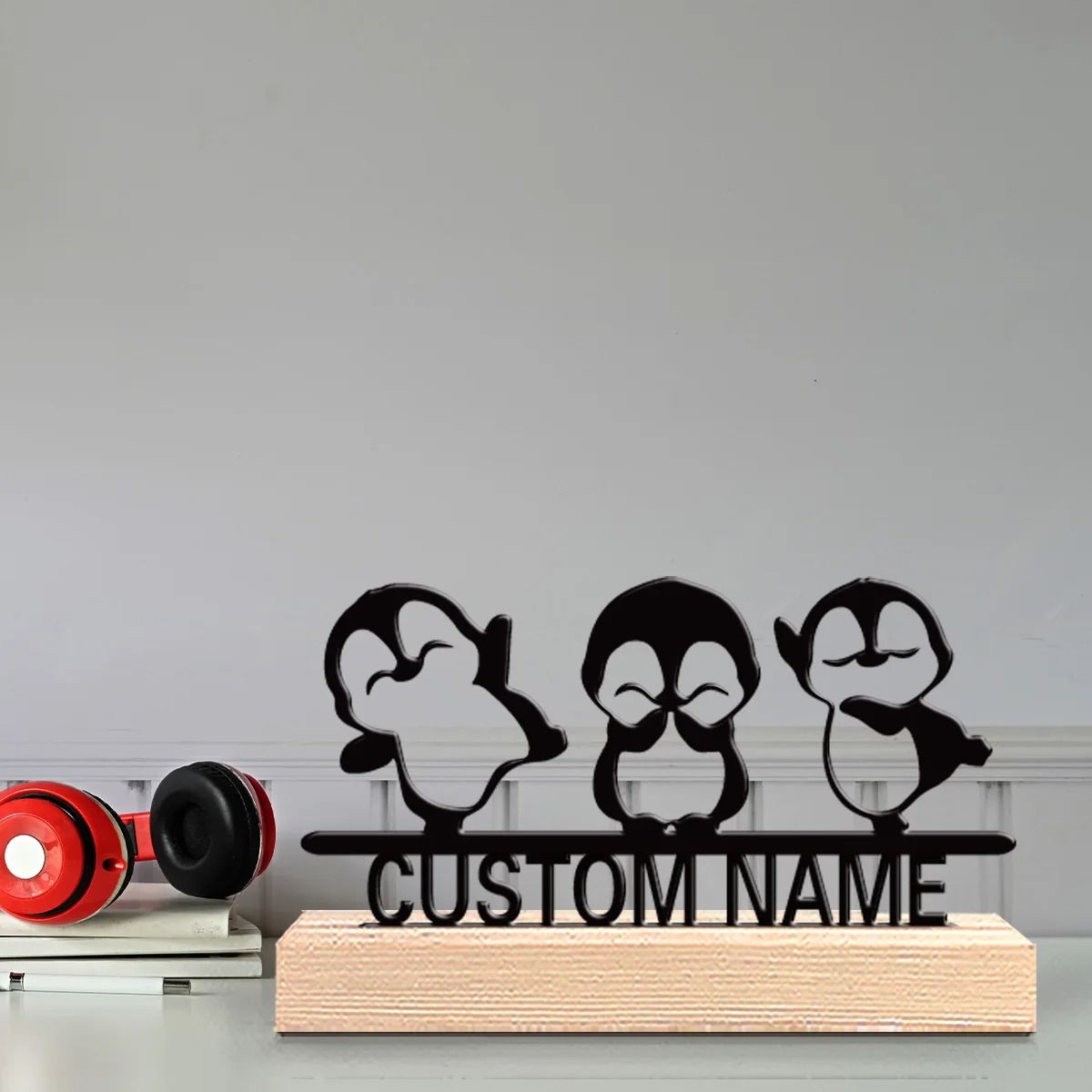 Cute Penguin Metal Sculpture Decor with Wooden Base Animal Figurine