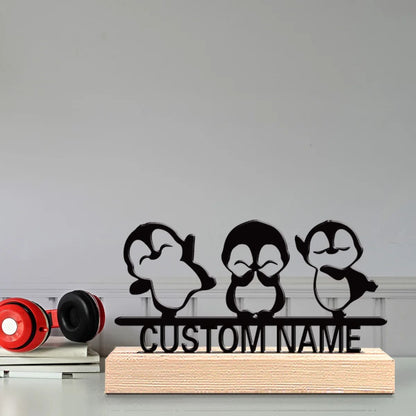 Cute Penguin Metal Sculpture Decor with Wooden Base Animal Figurine