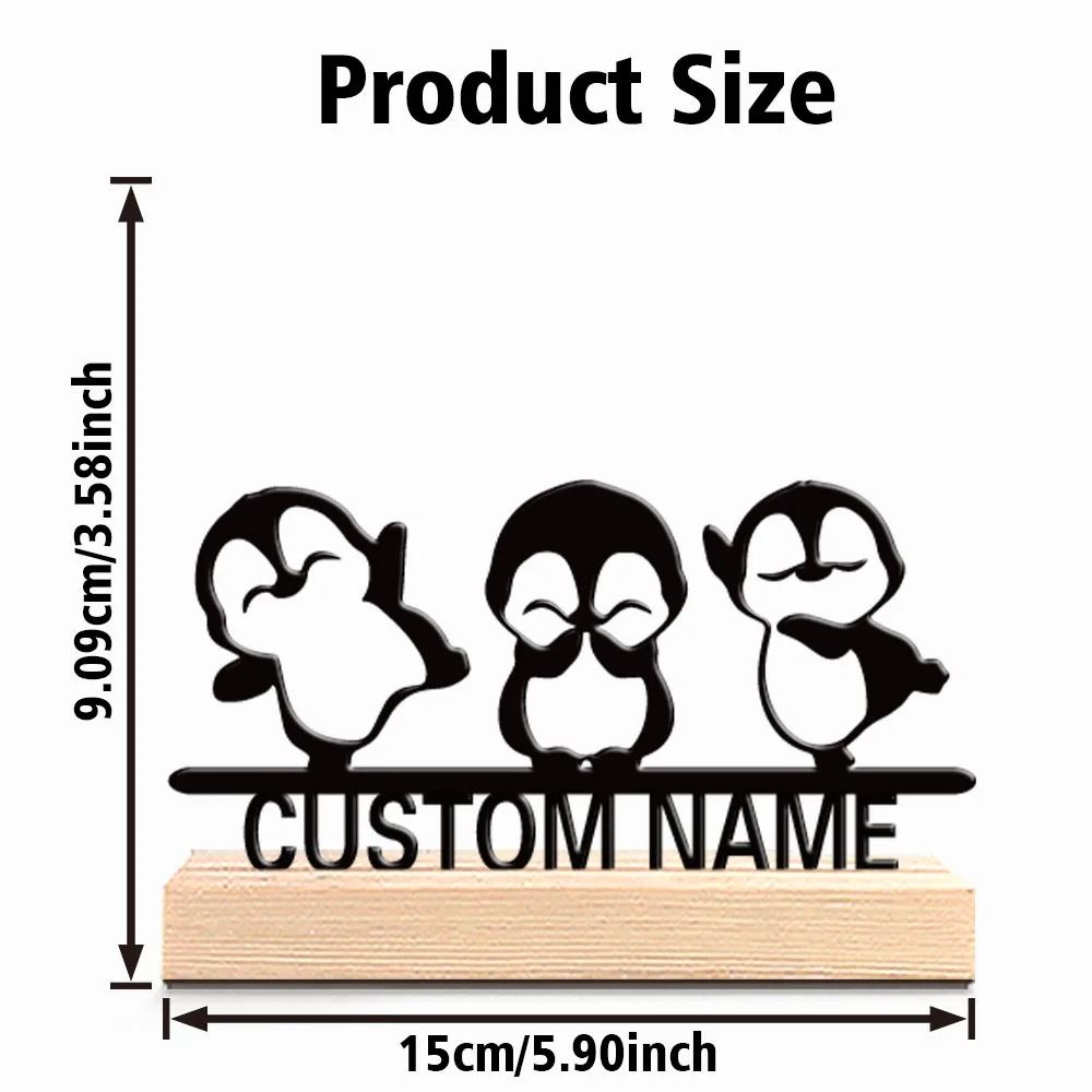 Cute Penguin Metal Sculpture Decor with Wooden Base Animal Figurine