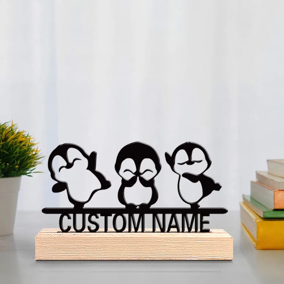 Cute Penguin Metal Sculpture Decor with Wooden Base Animal Figurine