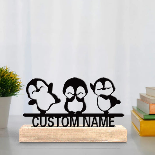 Cute Penguin Metal Sculpture Decor with Wooden Base Animal Figurine