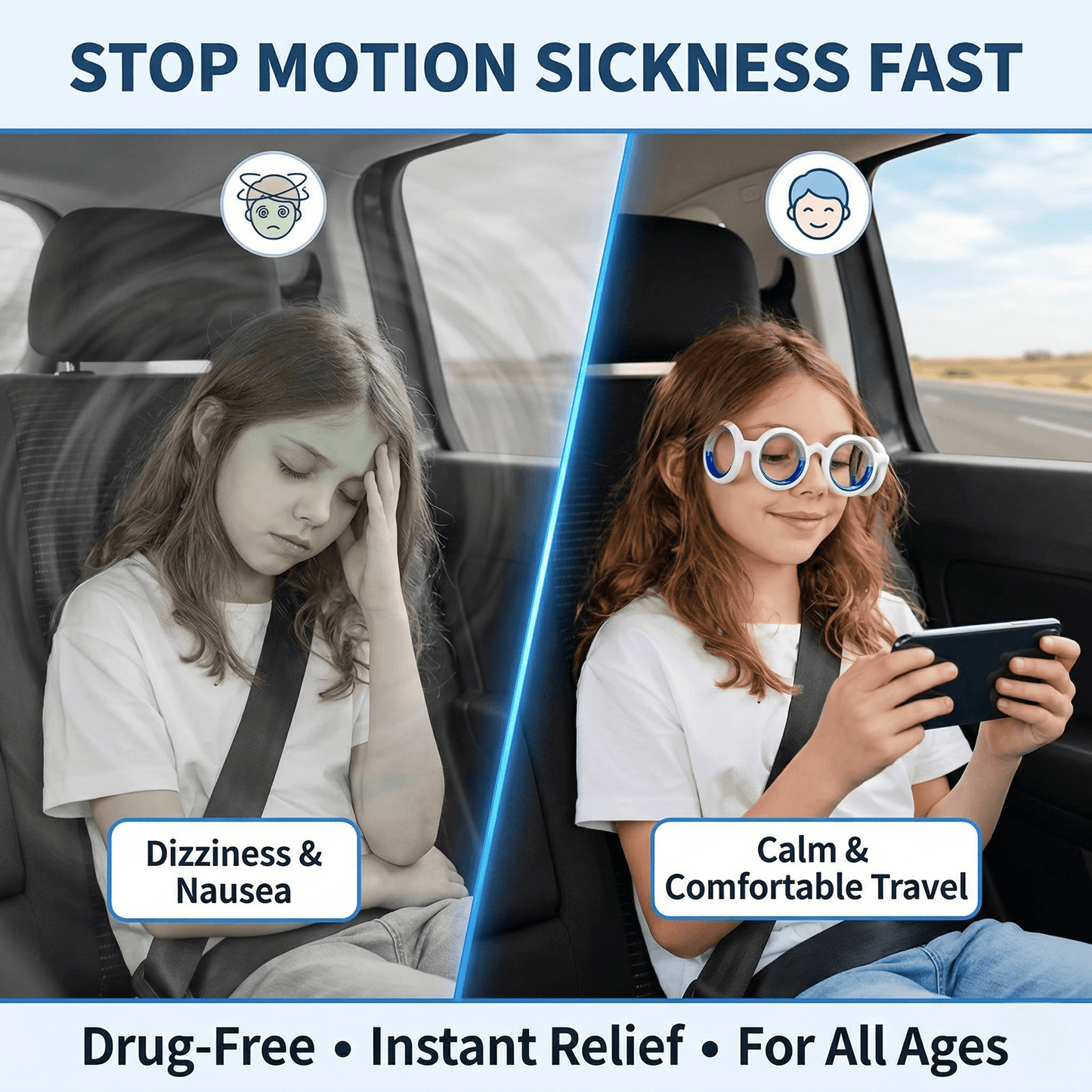 Portable Anti-Sickness Glasses For Children Adult, Anti-Motion Sickness Liquid Glasses, Lensless Driving Sickness Goggle