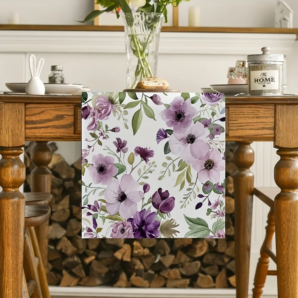 Watercolor Floral Green Plant Linen Table Runner – Seasonal Kitchen Dining Decor & Reusable Wedding Party Table Runner