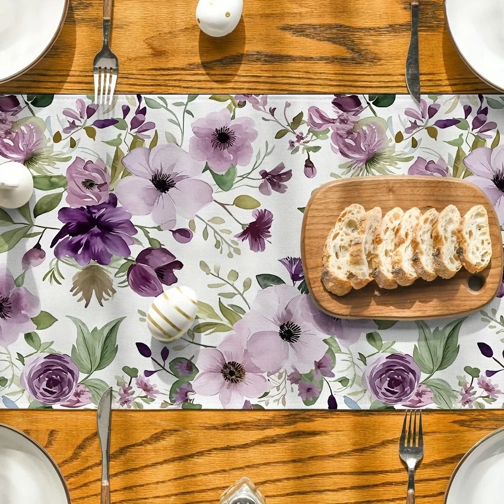 Watercolor Floral Green Plant Linen Table Runner – Seasonal Kitchen Dining Decor & Reusable Wedding Party Table Runner