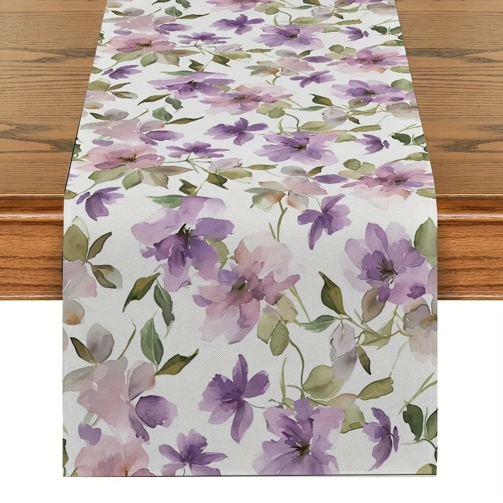 Watercolor Floral Green Plant Linen Table Runner – Seasonal Kitchen Dining Decor & Reusable Wedding Party Table Runner