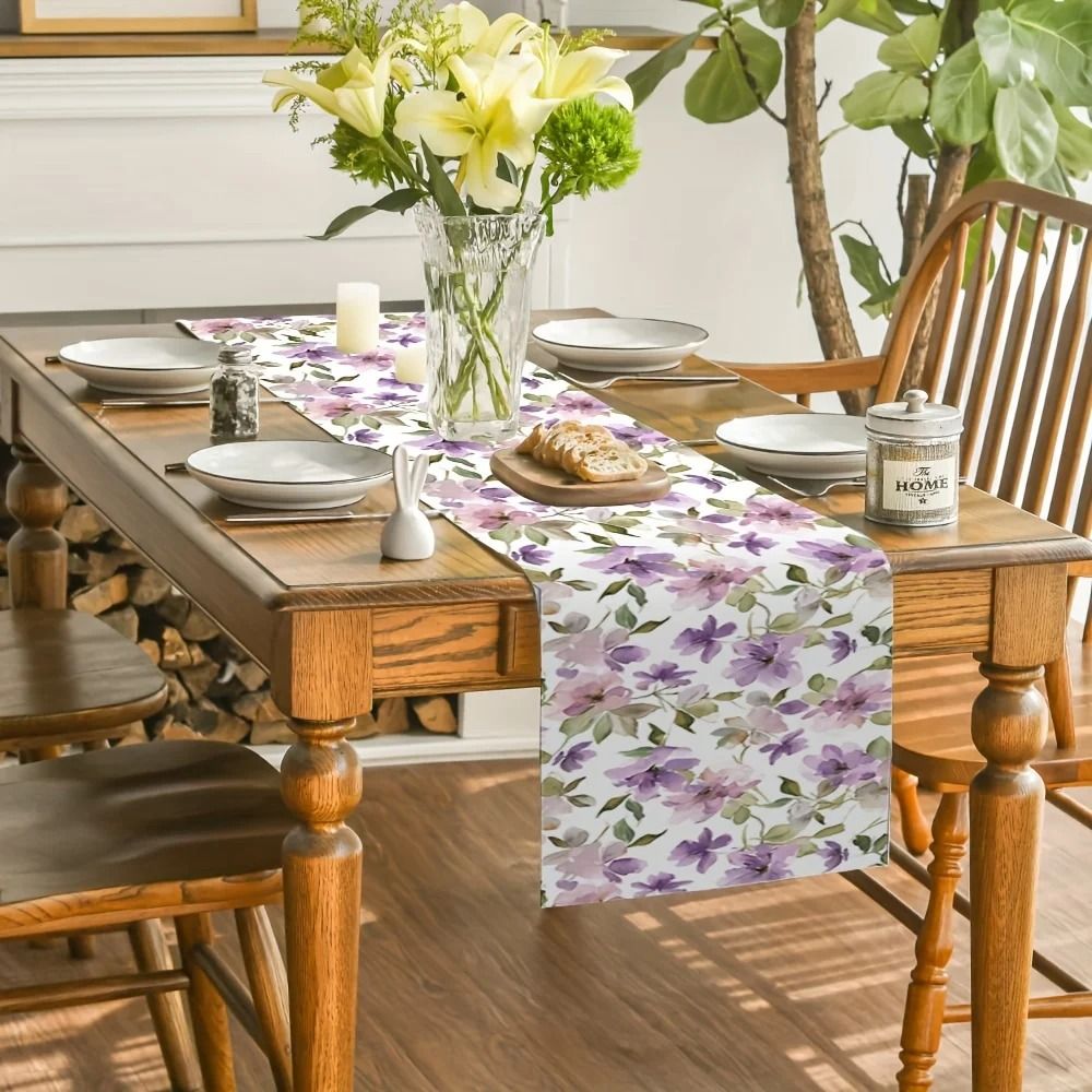 Watercolor Floral Green Plant Linen Table Runner – Seasonal Kitchen Dining Decor & Reusable Wedding Party Table Runner