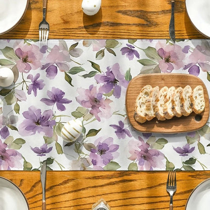 Watercolor Floral Green Plant Linen Table Runner – Seasonal Kitchen Dining Decor & Reusable Wedding Party Table Runner