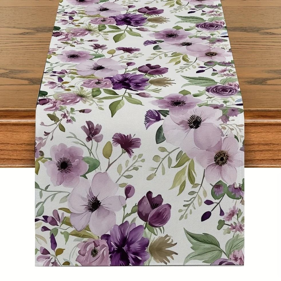 Watercolor Floral Green Plant Linen Table Runner – Seasonal Kitchen Dining Decor & Reusable Wedding Party Table Runner