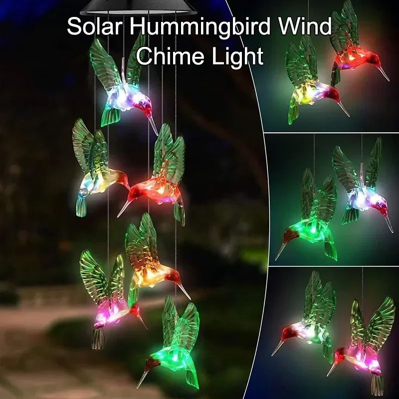 Colorful Solar Wind Chimes Hummingbird LED Garden Lights Outdoor Hanging Decor
