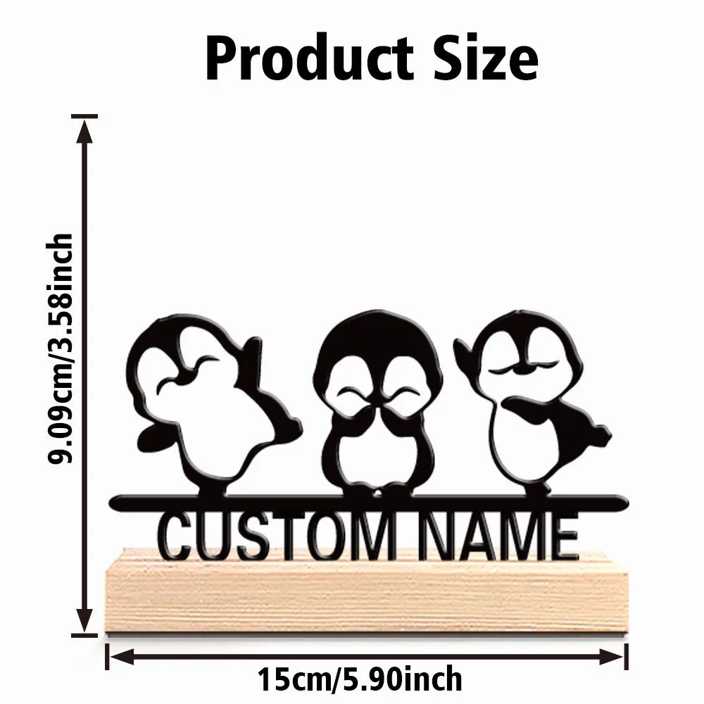 Personalized Penguin Metal Art – Custom 3 Penguins Statue with Wooden Base Cute Desk Decor