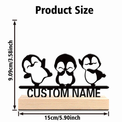 Personalized Penguin Metal Art – Custom 3 Penguins Statue with Wooden Base Cute Desk Decor