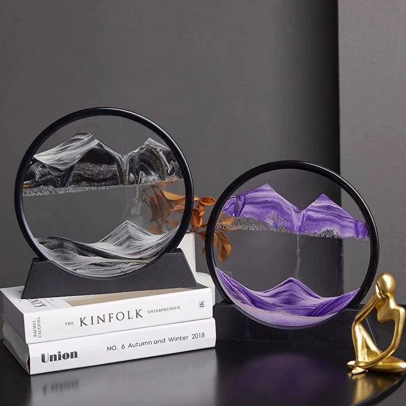 3D Moving Sand Art Frame – Round Quicksand Glass Sandscape Hourglass Desk Decor Relaxing Gift