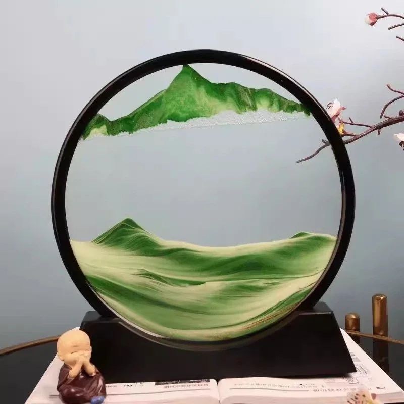 3D Moving Sand Art Frame – Round Quicksand Glass Sandscape Hourglass Desk Decor Relaxing Gift