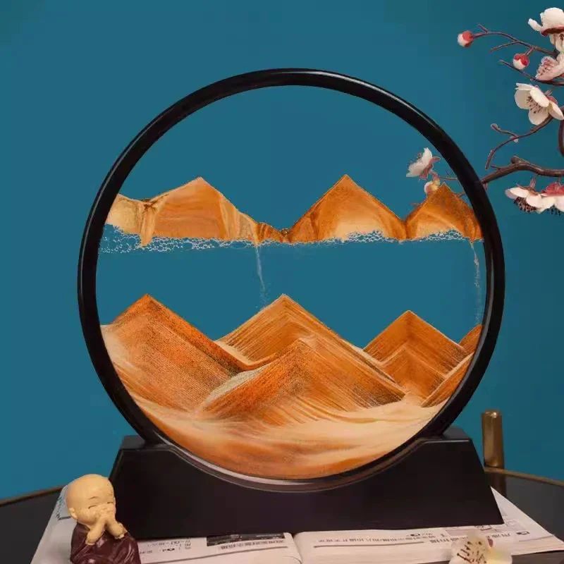 3D Moving Sand Art Frame – Round Quicksand Glass Sandscape Hourglass Desk Decor Relaxing Gift