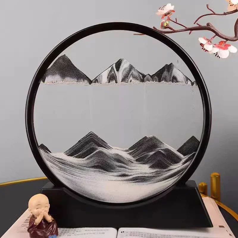 3D Moving Sand Art Frame – Round Quicksand Glass Sandscape Hourglass Desk Decor Relaxing Gift