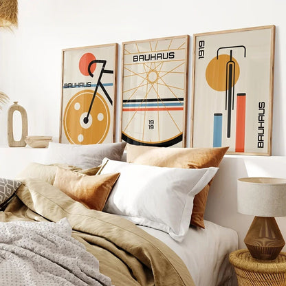 Bauhaus Bicycle Canvas Art Set – Mid-Century Modern Posters for Minimalist Home Decor
