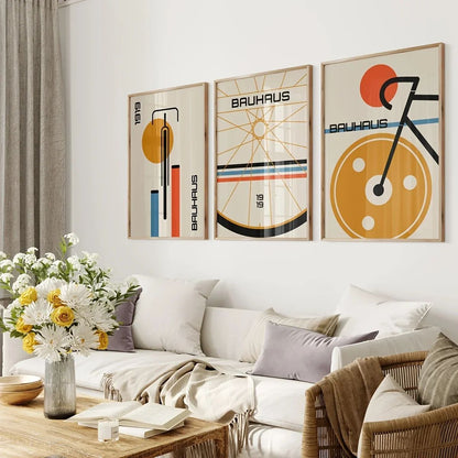 Bauhaus Bicycle Canvas Art Set – Mid-Century Modern Posters for Minimalist Home Decor