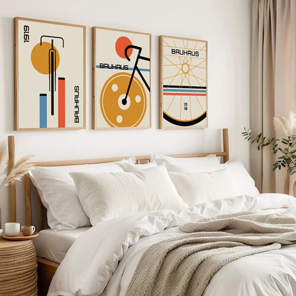 Bauhaus Bicycle Canvas Art Set – Mid-Century Modern Posters for Minimalist Home Decor