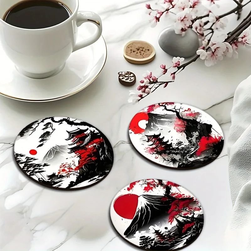 Japanese Landscape Wooden Coaster Set – Heatproof Non-Slip Drink Coasters (6-Piece)