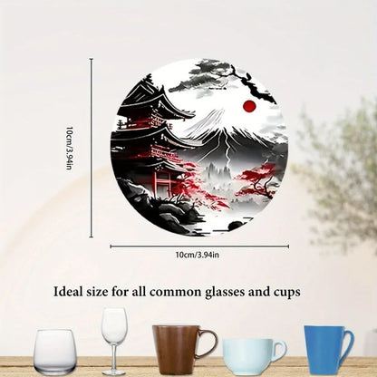 Japanese Landscape Wooden Coaster Set – Heatproof Non-Slip Drink Coasters (6-Piece)