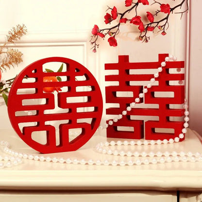 Elegant Double Happiness Wood Decor – Chinese Wedding Decor Xi Character Wall Accent