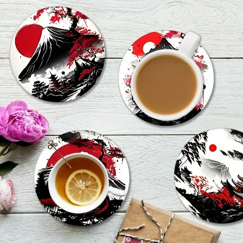 6-Piece Japanese Landscape Coaster Set | Zen Wooden Non-Slip & Heatproof Drink Mats