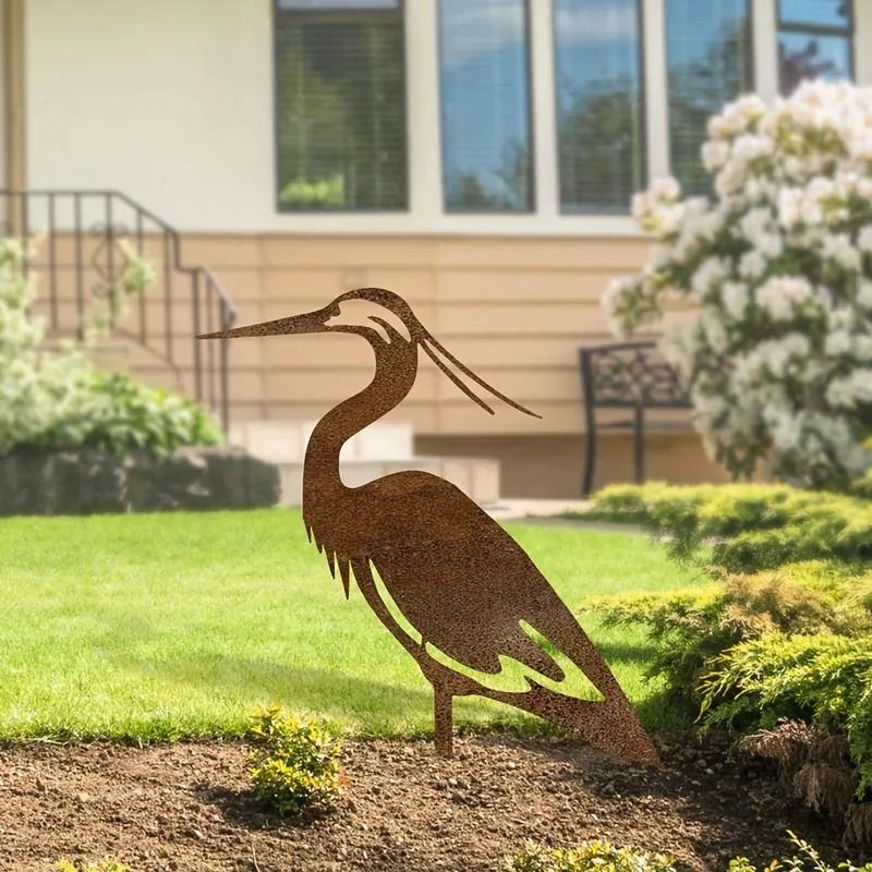 Metal Crane Garden Statue Rusted Heron Outdoor Yard Art Sculpture