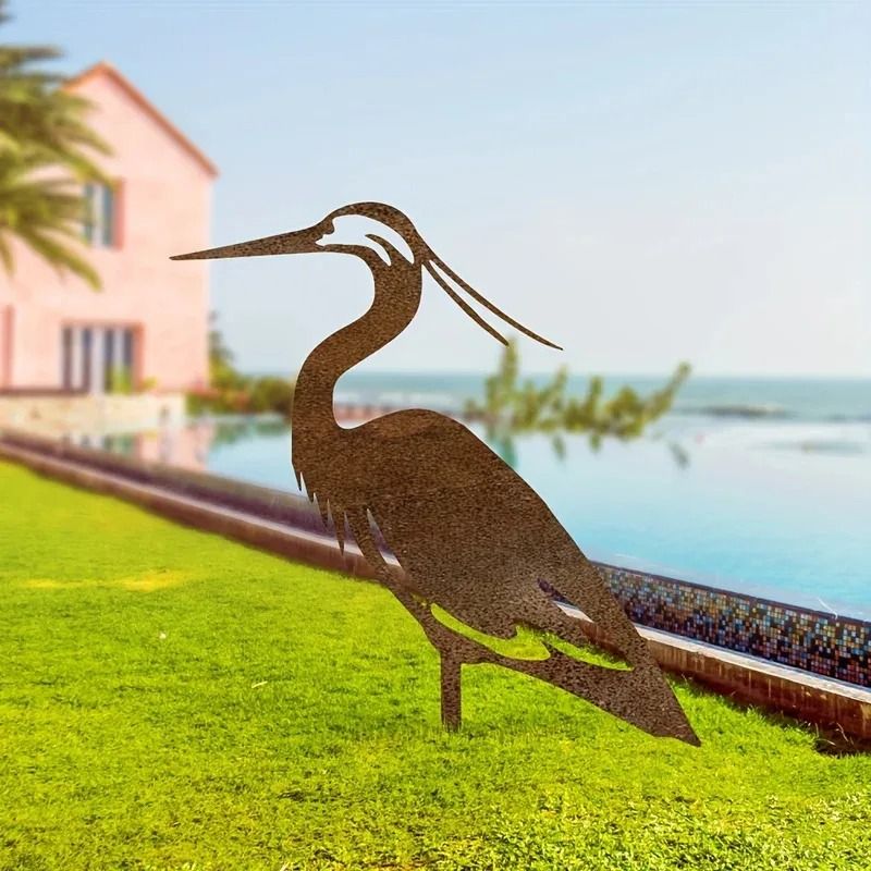 Metal Crane Garden Statue Rusted Heron Outdoor Yard Art Sculpture