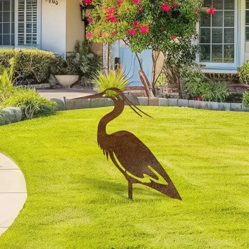Metal Crane Garden Statue Rusted Heron Outdoor Yard Art Sculpture