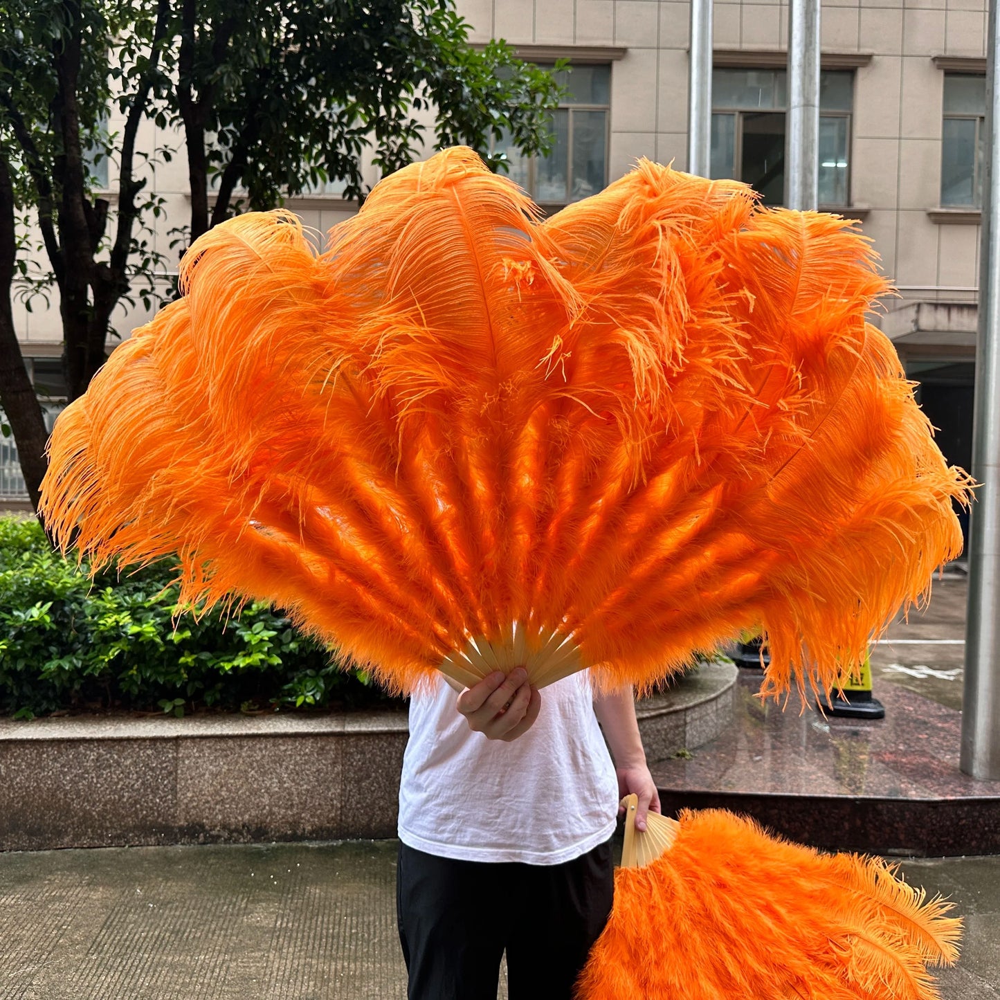 Grand Ostrich Feather Folding Fan | Professional Stage & Carnival Dance Fan