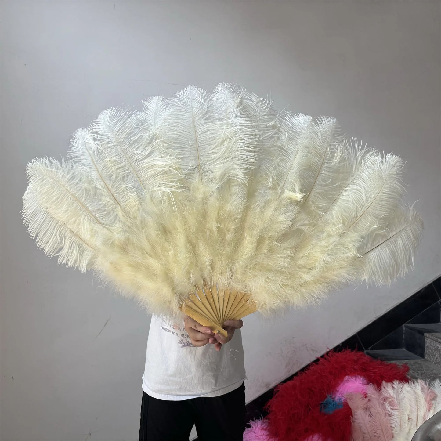 Grand Ostrich Feather Folding Fan | Professional Stage & Carnival Dance Fan