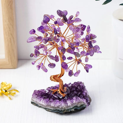 Amethyst Crystal Tree Decor – Wire Wrapped Healing Stone Bonsai on Natural Gravel Base