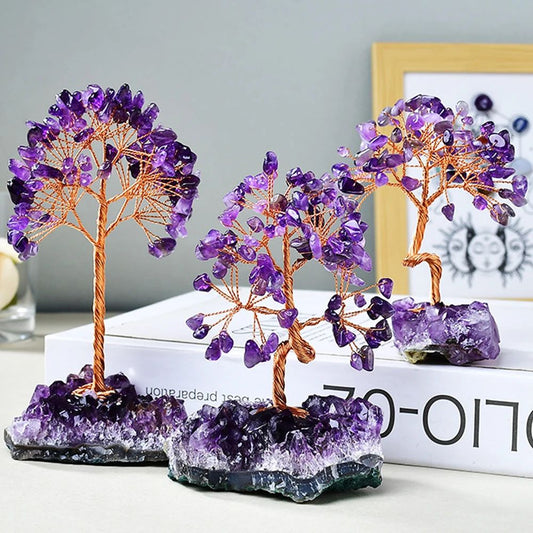 Amethyst Crystal Tree Decor – Wire Wrapped Healing Stone Bonsai on Natural Gravel Base