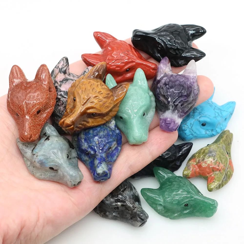 Natural Hand-Carved Wolf Head Crystal Pendant