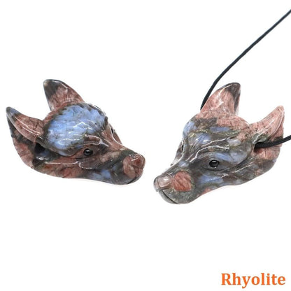 Natural Hand-Carved Wolf Head Crystal Pendant