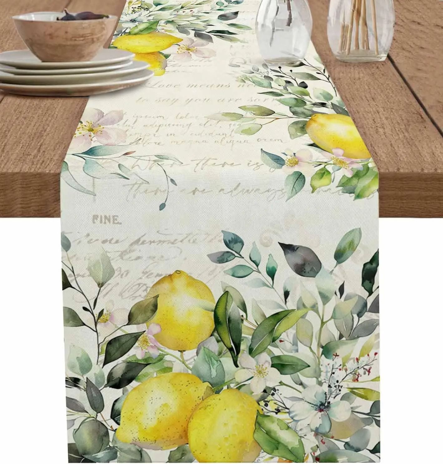 Eucalyptus Lemon Linen Table Runner Fresh Floral Dining Decor