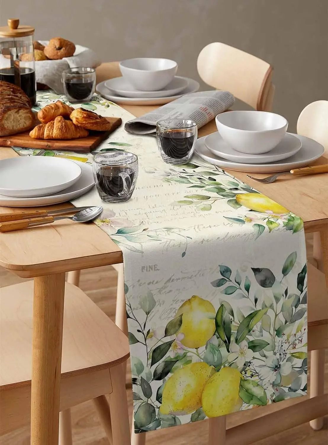 Eucalyptus Lemon Linen Table Runner Fresh Floral Dining Decor