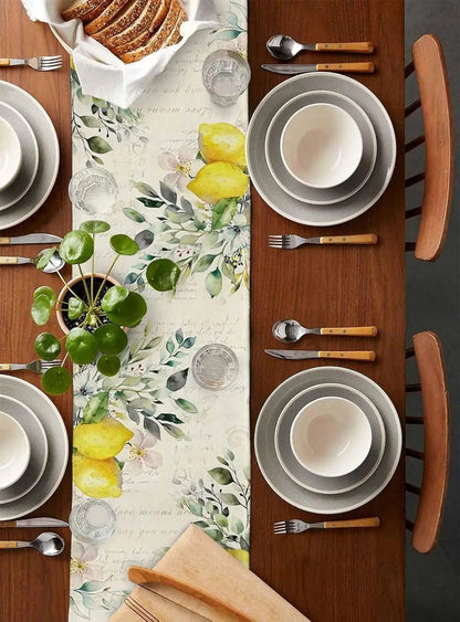 Eucalyptus Lemon Linen Table Runner Fresh Floral Dining Decor
