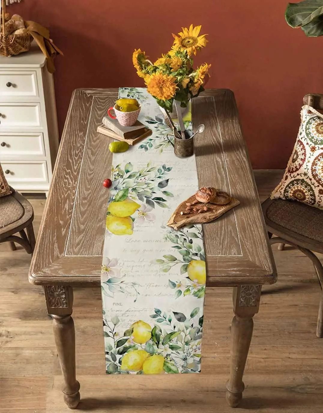 Eucalyptus Lemon Linen Table Runner Fresh Floral Dining Decor
